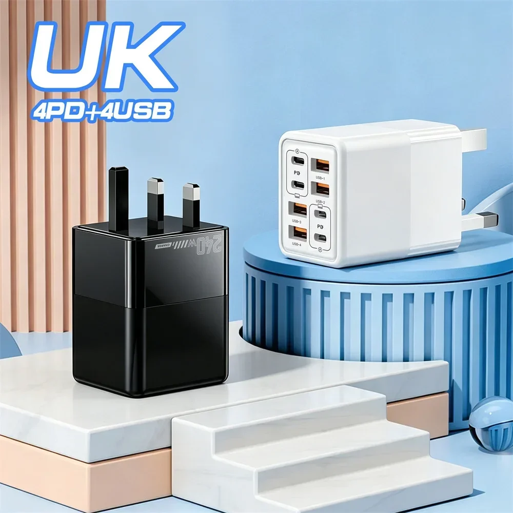 240W USB C Charger 8 Ports Fast Charging Phone Charger Adapter For iPhone Samsung Xiaomi Huawei EU/US/UK Plug Quick Wall Charger