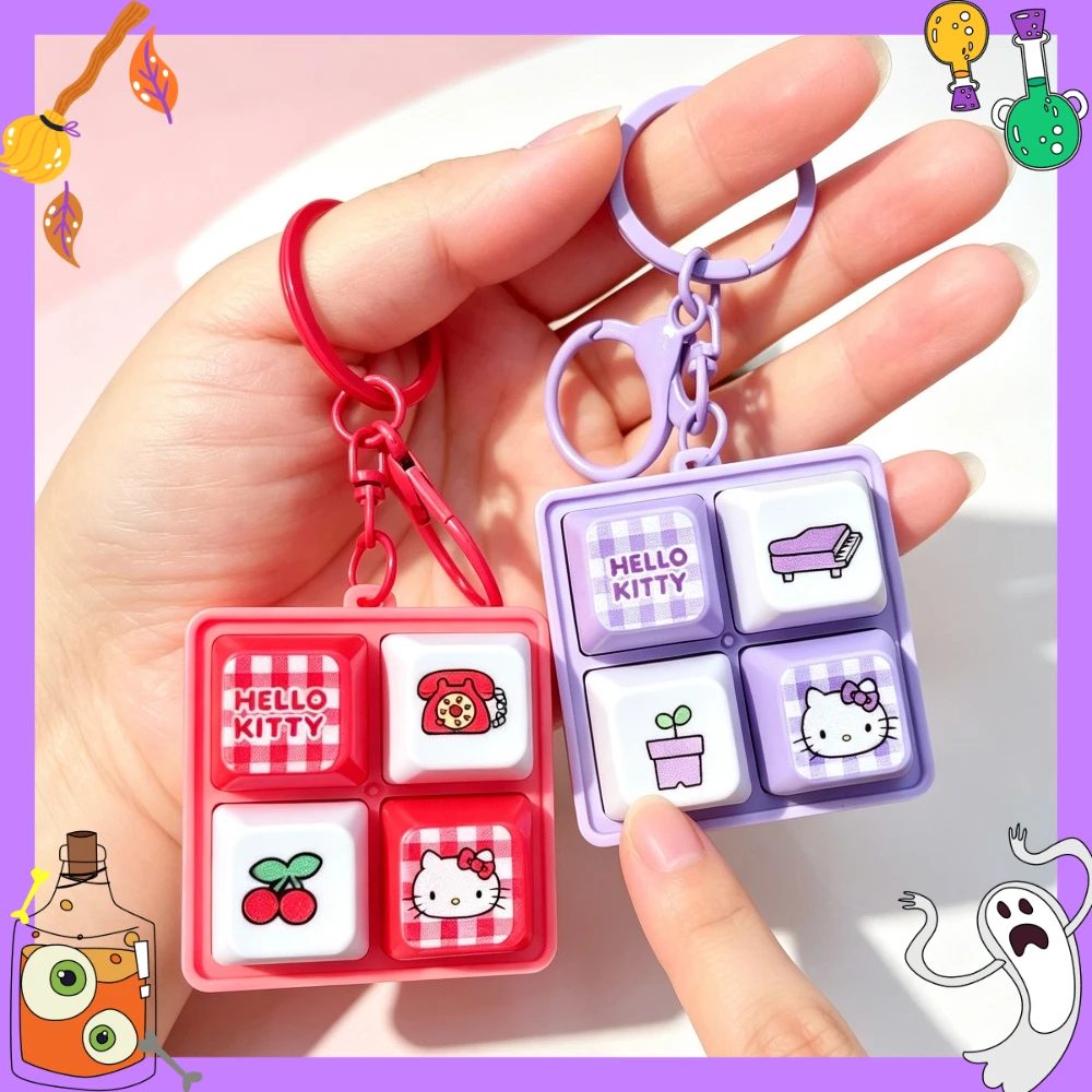 Llavero con teclas de teclado de 4 teclas con diseño de Hello Kitty, adorable y portátil, para aliviar el estrés, con mecanismo de clic para los dedos, adorno para bolso, colgante antiestrés, regalo.