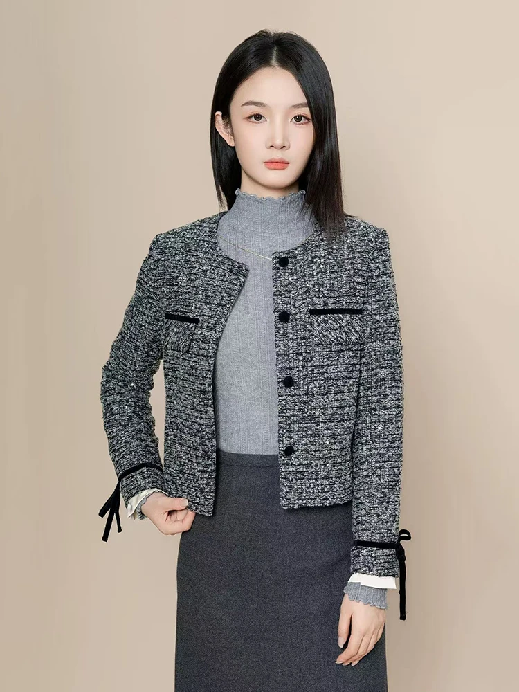 

Роскошный твидовый пиджак с блестками для женщин, корейские элегантные офисные женские укороченные пальто, весенняя мода, универсальная верхняя одежда с круглым вырезом
