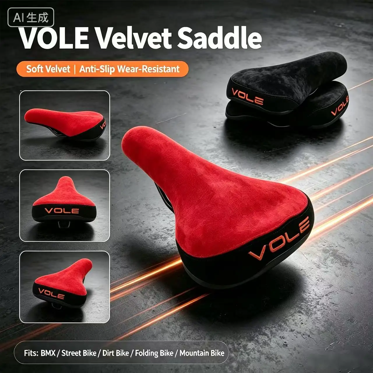 VOLE VSD47 BMX Velvet Bike Saddle Chromoly Steel Rail High‑Density Foam 260×160mm 365g for BMX Street Mountain Bicycle