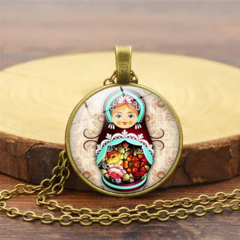 Russian Ethnic Nesting Dolls Necklaces For Women Glass Photo Cabochon Round Pendant Clavicle Chain Collares Choker Jewelry Gift