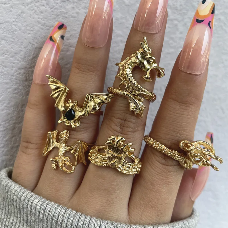 5PCS/Set Retro Punk bat Dragon Ring for Men Women Exaggerated Antique Siver gold black Color Opening Adjustable jewelry Rings