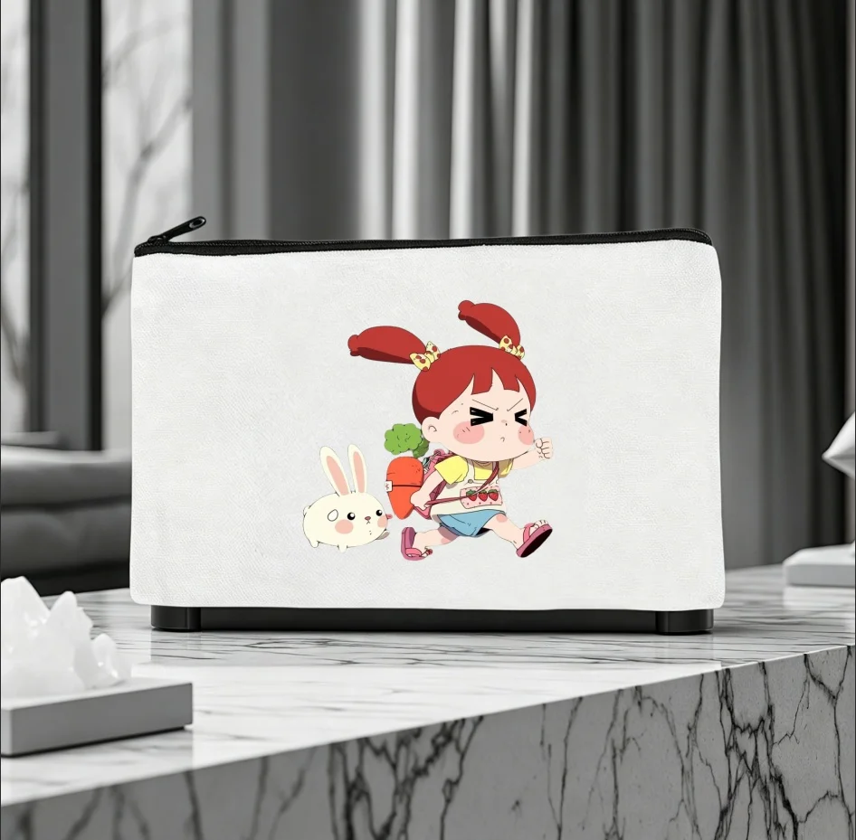 1PC Double-sided Print Canvas Pouch Cute Cartoon Girl Bunny Zipper Cosmetic Storage Bag