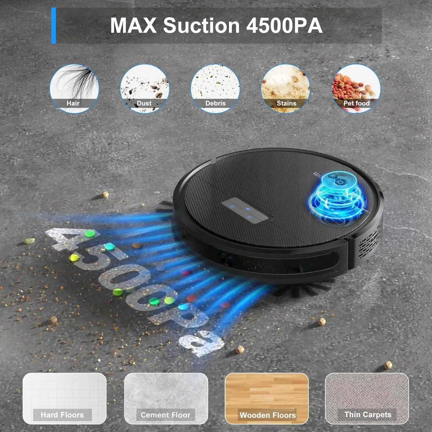 G8000 Pro Robot aspirapolvere e Mop Combo, aspirazione 4500Pa, 150 minuti Max, aspirapolvere robotico con ricarica automatica, silenzioso, APP e V