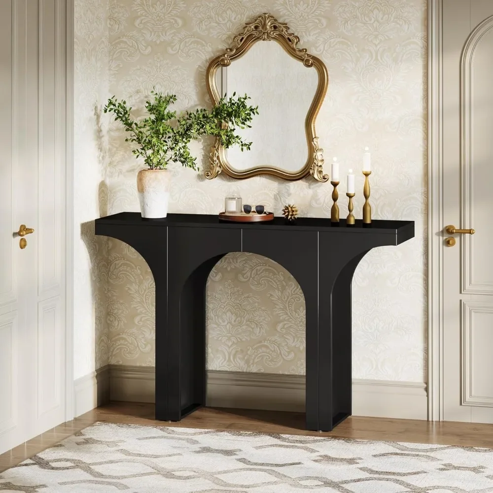 Black Console Table, 47-Inch Entryway Console Table, Wood Sofa Table Behind Couch with Arched Base, Narrow Hallway Table