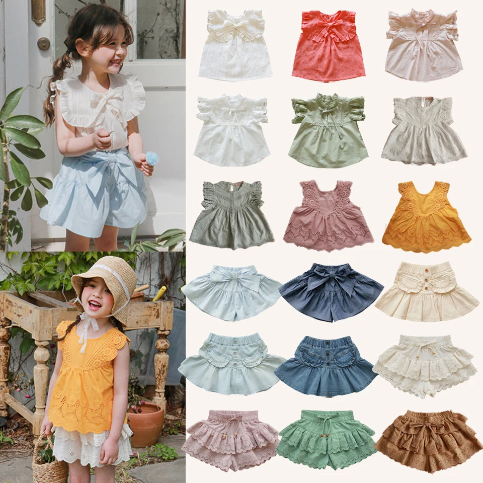 24 Summer Korean Children Casual Clothes Set Bow Skirt Girls Butterfly Sleeve T-shirts Culotte Kids Cute Pastoral T Tops Shorts