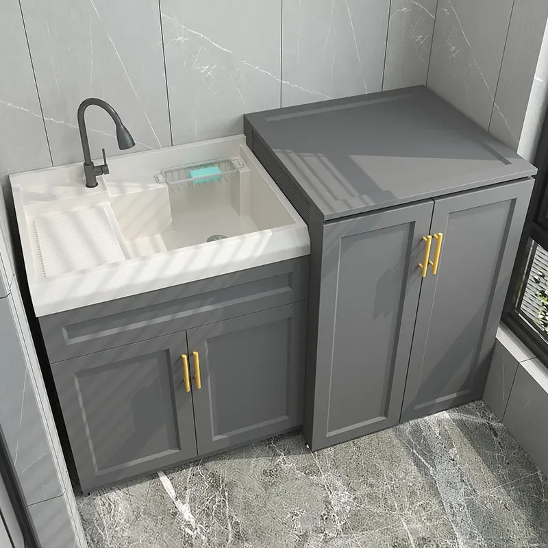 for Space Aluminum Laundry Pool Balcony Washing Machine Cabinet Integrated Clamshell Pulsator Laundry Cabinet with Washbasin