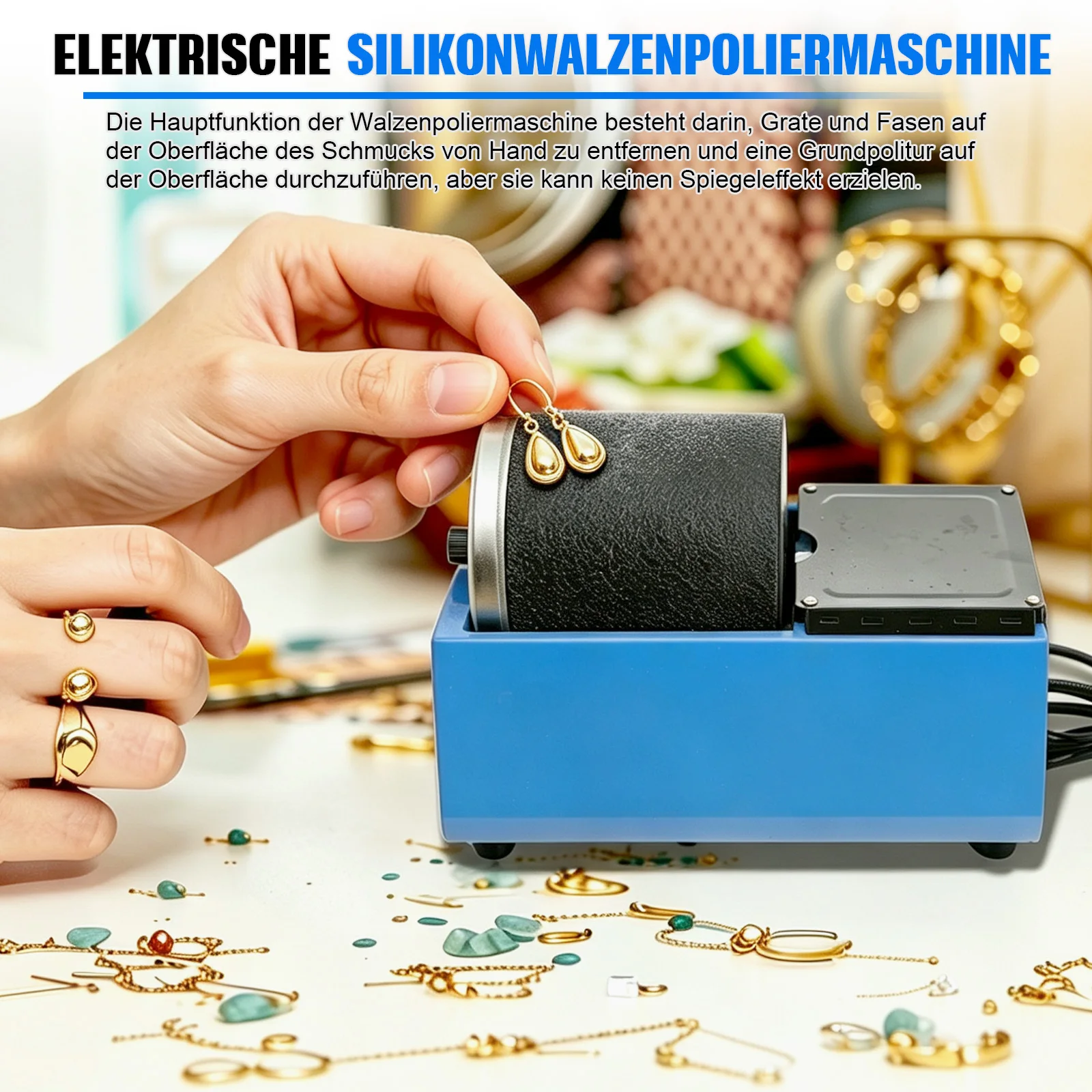 220V Elektrische Rotationspoliermaschine mit PU-Gummiflasche und Edelstahldeckel, Schmuckpolierer zum Entgraten, Schleifen und Oberflächenbearbeiten von Steinen, Metallen und Edelsteinen, 2700 U/min,