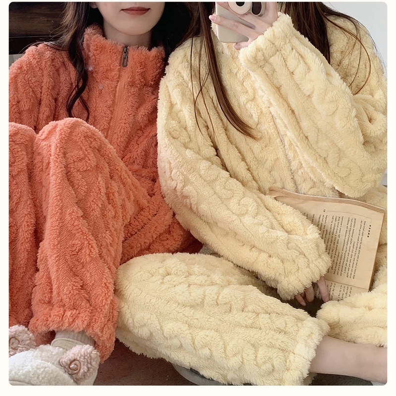 Inter Pajamas Women\'s Plush Thick Coral Velvet Women\'s PLUS SIZE Jacquard Flannel Pajamas Set Sleepwear Women Home Clothes