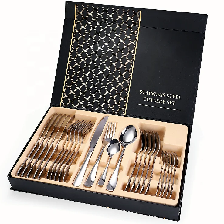 For Cutlery box service for 6, including knives, forks, spoons, deluxe silver 24-piece stainless steel gold cutlery cutlery set