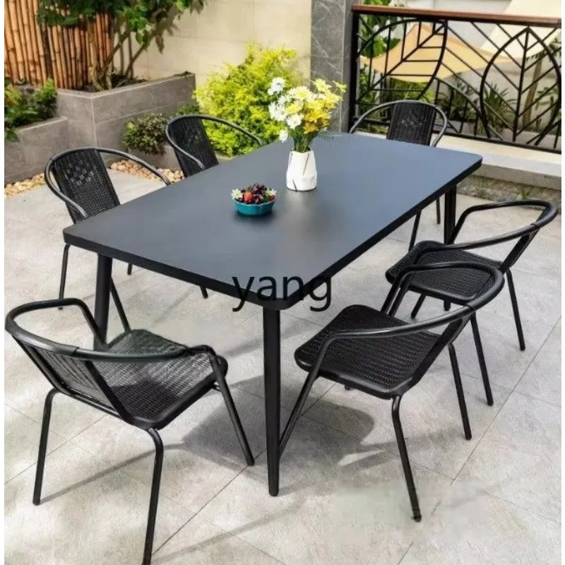 LTT outdoor tables and chairs balcony wrought iron plastic wood five-piece set outdoor open-air milk tea shop outside