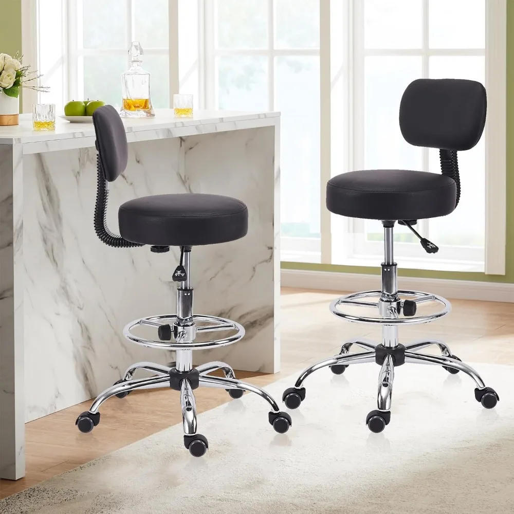 Drafting Chair with Backrest, Adjustable Foot Rest Height Rolling Stool with Wheels, Leather Swivel Work Shop Office Stools Chai