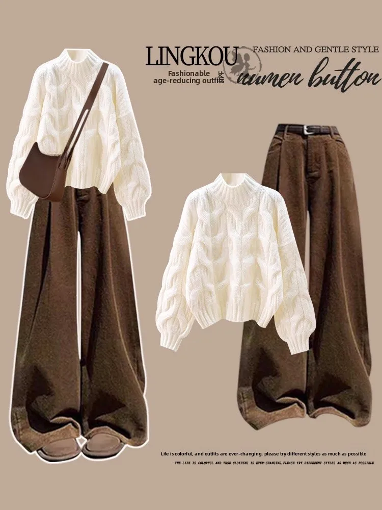 

Большой размер, осенне-зимний вязаный свитер, женский мягкий повседневный комплект с широкими штанинами, комплект из двух предметов, винтажный утягивающий комплект, круглый Ne