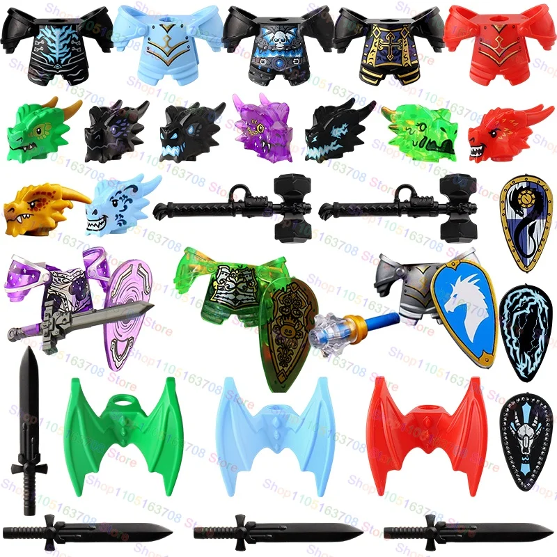 Blocos de construção de cavaleiros medievais, cavaleiros de dragão relâmpago, acessórios de figura de montagem de dragão, modelo de jogos, brinquedo de tijolo de montagem