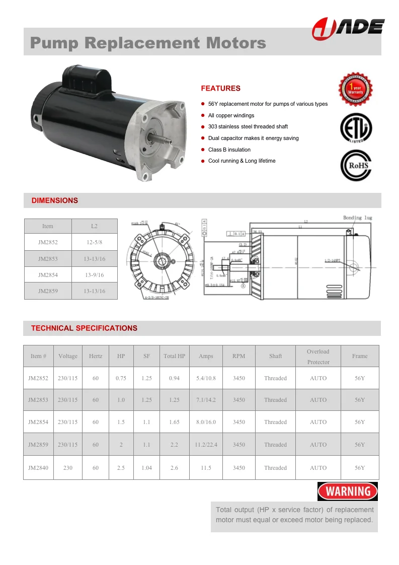 US DOE Compliant JB2853 56Y dual capacitor motor for pool pump