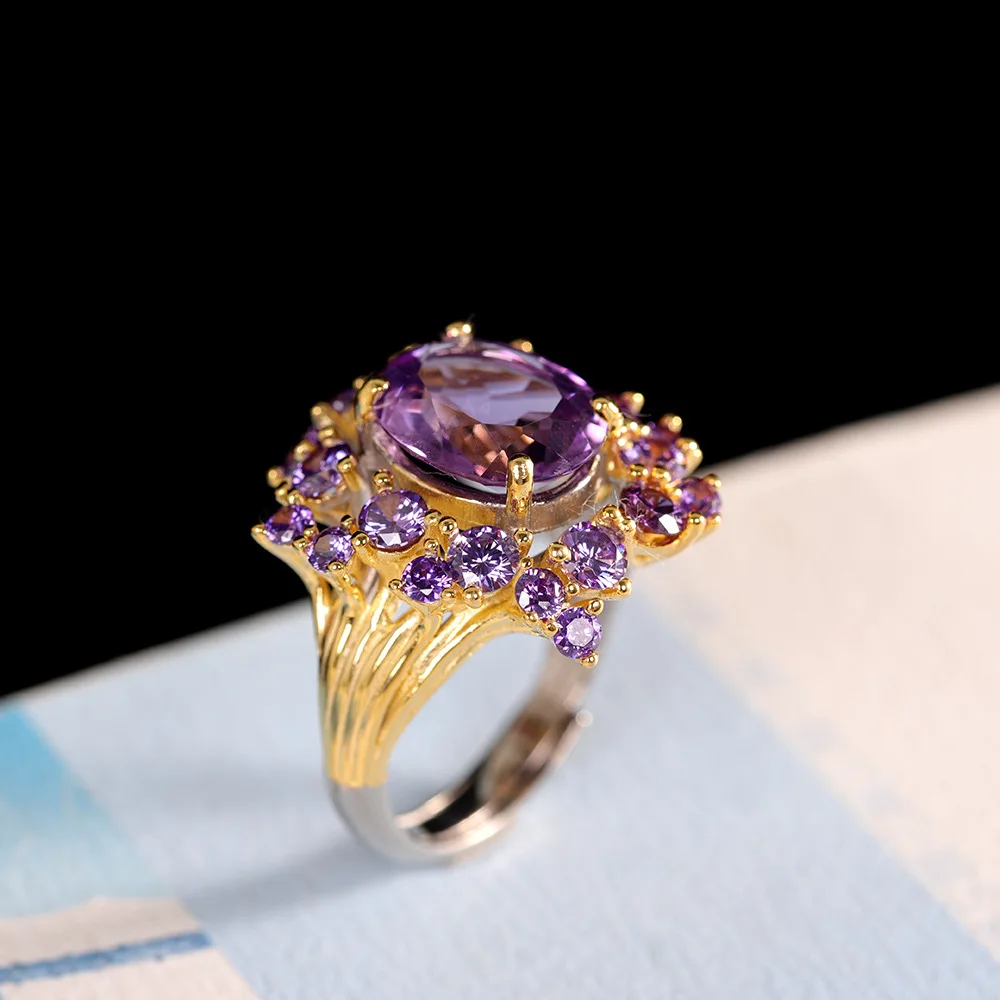 BOCAI New S925 Sterling Silver Fashionable Light Luxury Full Diamond Inlaid Amethyst Engagement Ring Selected Gift