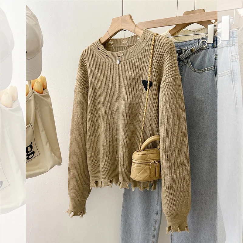 

Korean Lazy Style Tassels Hole Temperament Pullover Sweater For Women 2024 Autumn/Winter New Design Niche Loose Knitted Top