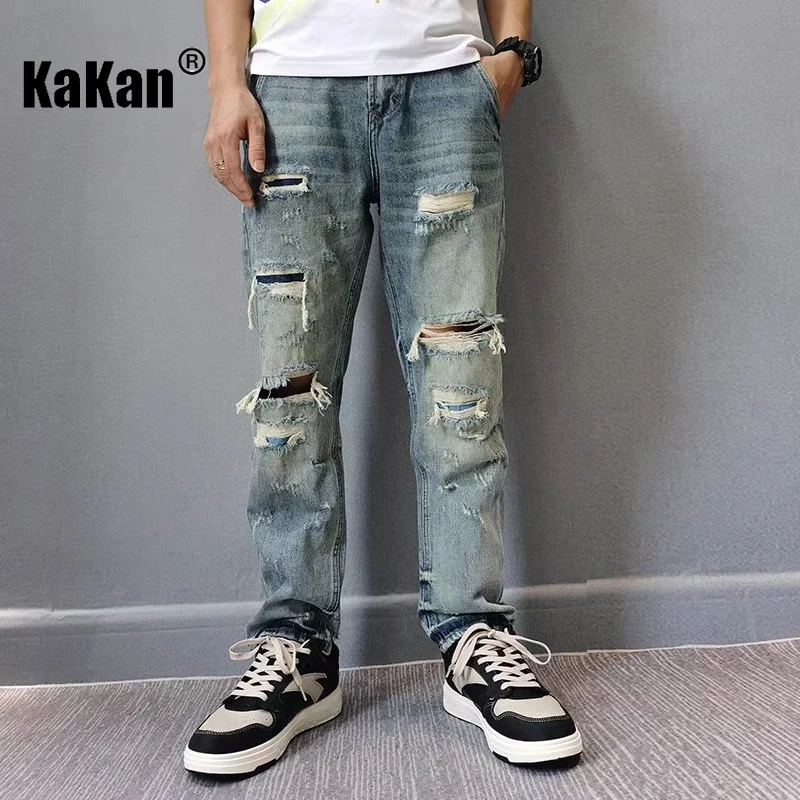 Kakan - New European and American Style Perforated Beggar Straight Tube Loose Fitting Jeans, Popular High Street Capris K67-8532