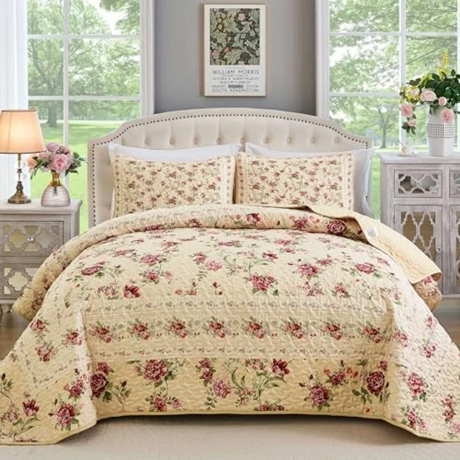 Quilt Set Queen Size 3PCs Antique Rose Bedspread Coverlet Set Lightweight Soft Microfiber Floral Quilt Set with 2 Pillowcases f