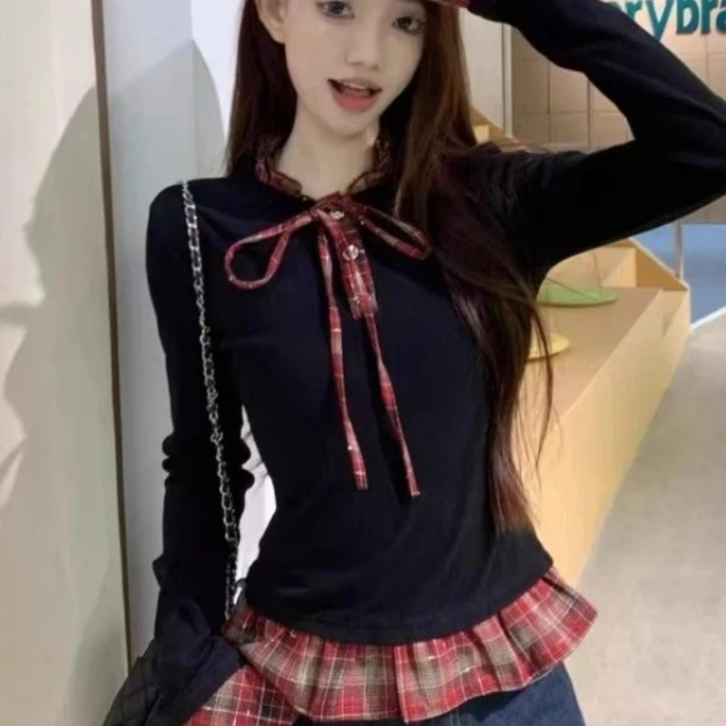 

Preppy Style Plaid Patchwork Slim Trend T Shirts Long Sleeve Lacing Contrast Fashion Tops Spring New Y2K Casual Women Clothing