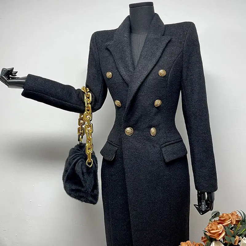 Women's Black Long Wool Coat Autumn Winter Tweed Jacket New High-end Lapel Double-Breasted Elegant Fitted Long Outerwear