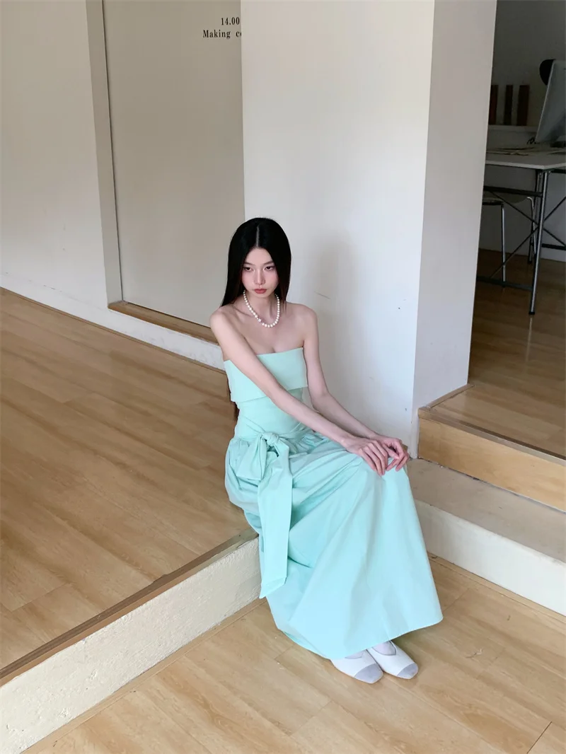 Mint Green Strapless Backless Bow Maxi Dress