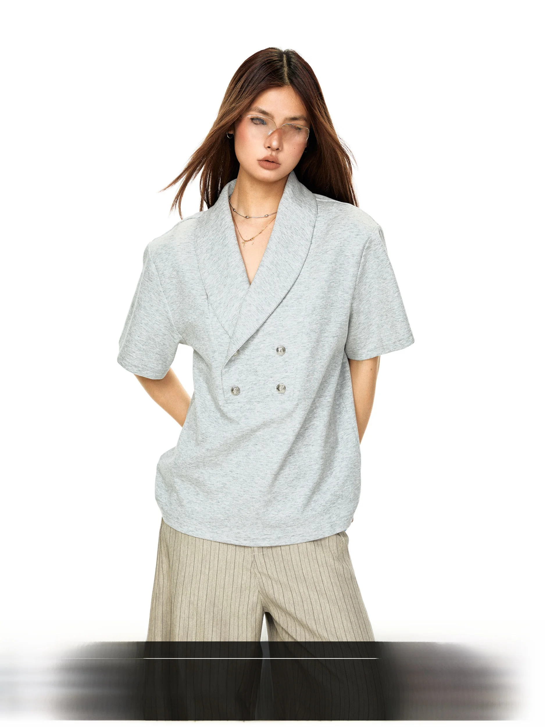 

Blackbb American Retro Suit Collar Button Splicing Short Sleeve T Shirt Summer Loose High End Design Sense Top Women's Fashion