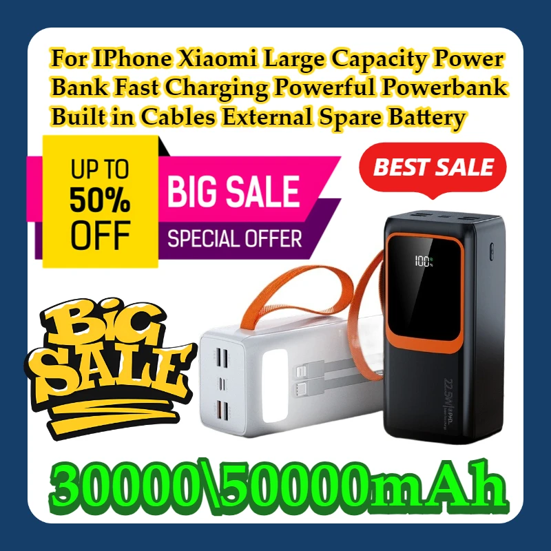 

For IPhone Xiaomi 50000mAh Large Capacity Power Bank Fast Charging Powerful Powerbank Built in Cables External Spare Battery