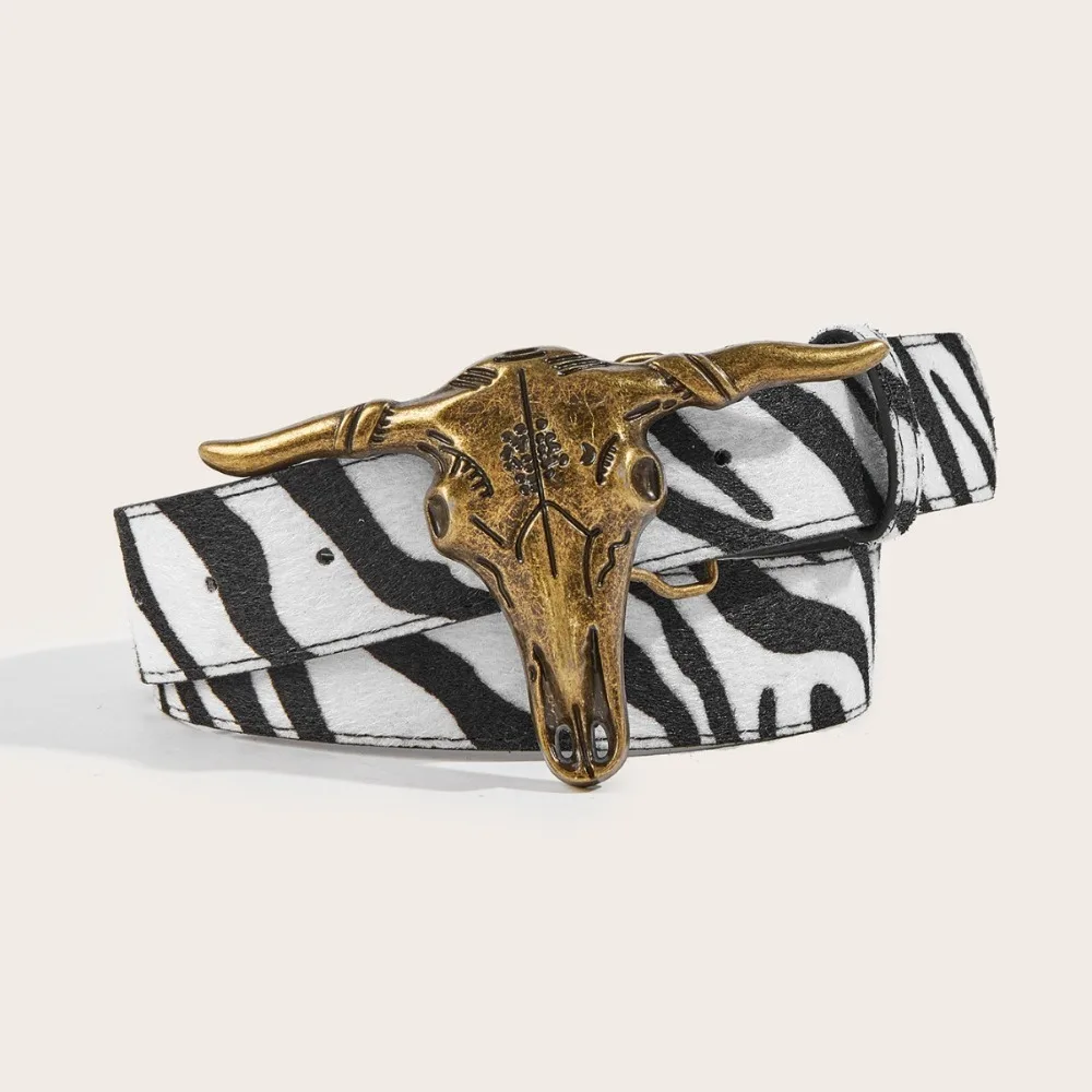 Western Bull Skull Buckle Leather Belt Zebra Print 3.8cm Wide Cowboy Waist Belt Trendy Brand Luxury Design Rivet Embossed Belt
