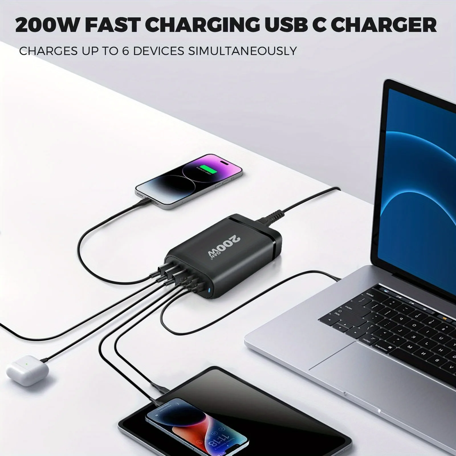 200W GaN USB C LED Indicator Charger Station for Cellphones 6 Ports 3C3A High Power Fast Charging for iPhone, MacBook, Etc