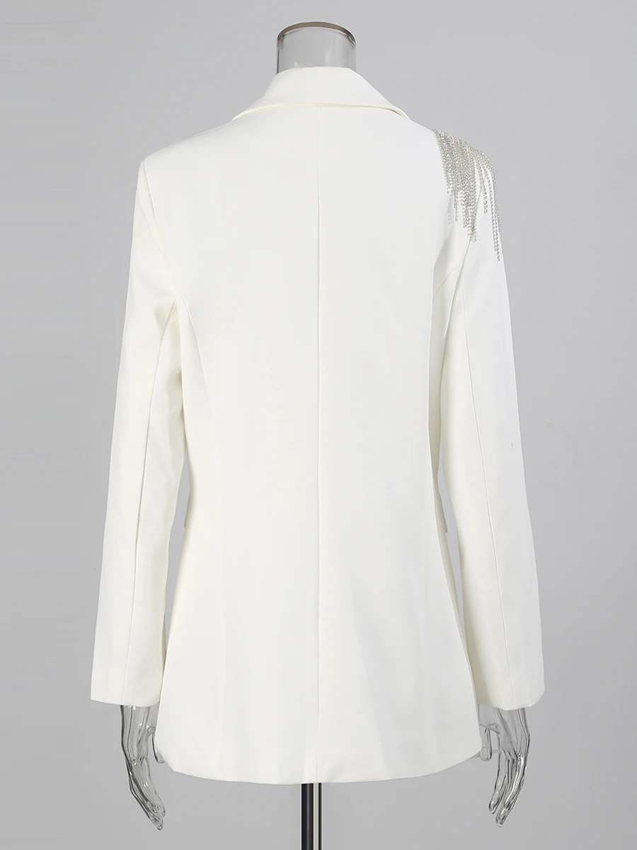 CHICEVER Black Spliced Diamonds Tassel Basic Jacket Female Lapel Long Sleeve Elegant Women's Jackets Autumn Fashion New Style