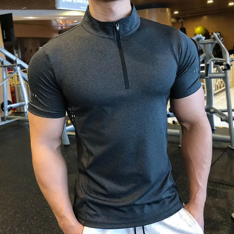 Men Running T-shirt Short Sleeve Night Running Reflective Quick Dry Sweatshirt Male Gym Jogging Top Half Zipper Clothing