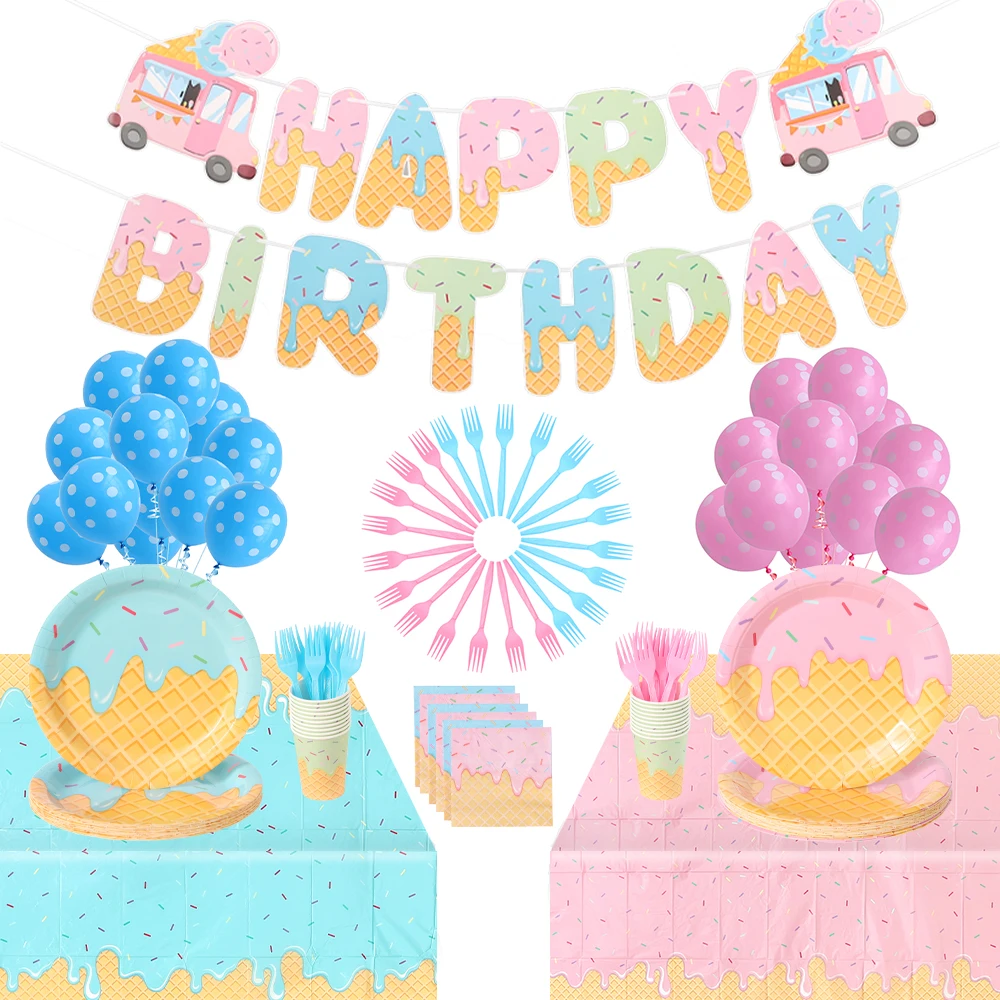 

Ice Cream Party Disposable Tableware Paper Plates Forks Cups Napkin Tablecloth Gender Reveal Birthday Baby Shower Party Supplies