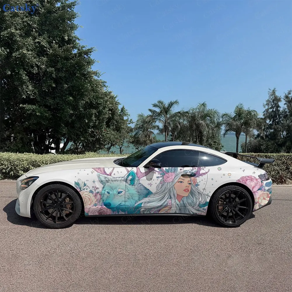 2pcs Blossom Realm Figure Wolf Car Side Wraps, Self-Adhesive PVC Waterproof & Scratch-Resistant Stickers, Car Accessory Gift