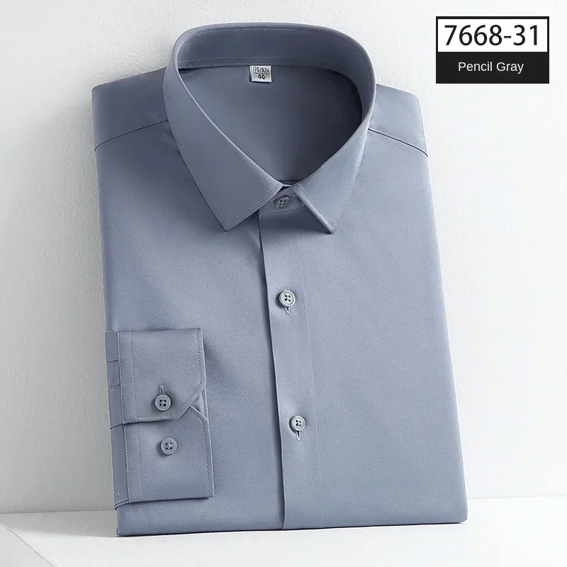 Manga comprida masculina de botão até camisa formal, desgaste elástico do escritório, plus size 4XL, sem costura, não-ferro, verde, meninos, qualidade