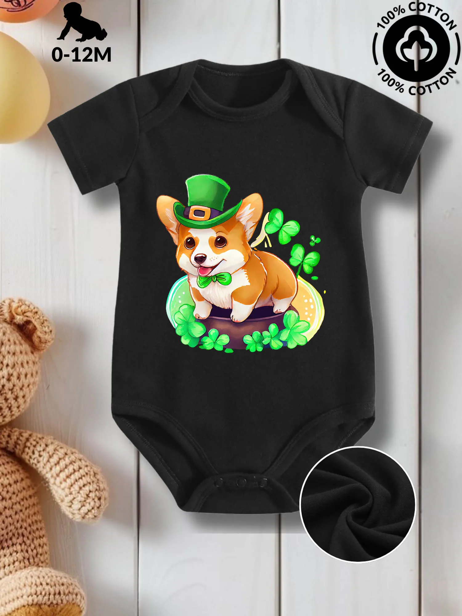 

Детский комбинезон унисекс Shamrocks And Corgi, комбинезон для ухода за кожей из чистого хлопка, всесезонное черное боди 190GSM