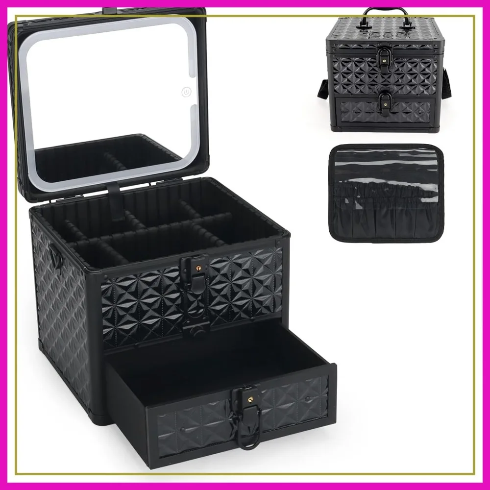 

Makeup Case with Drawer, Lighted Mirror, Travel Organizer, Lockable Suitcase with Dividers, Shoulder Strap