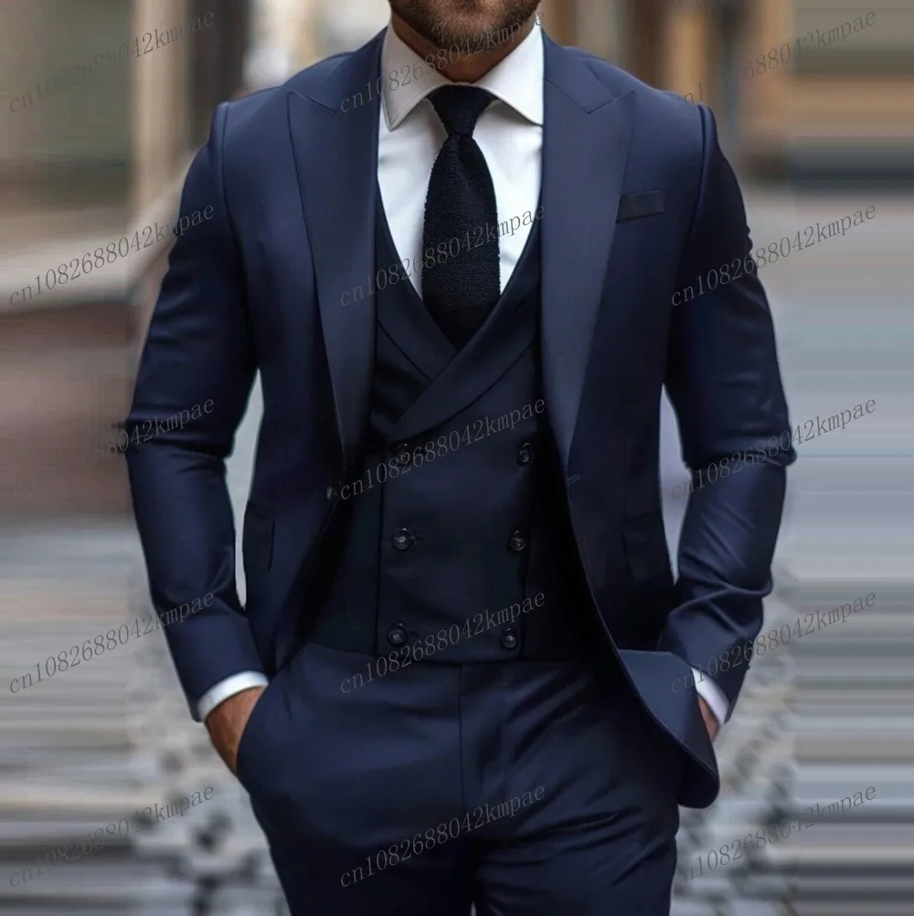 

New Formal Occasion Business Navy Blue Men Suit Groom Groomsman Wedding Party Prom Male Tuxedos 3 Piece Set Blazer Vest Pants