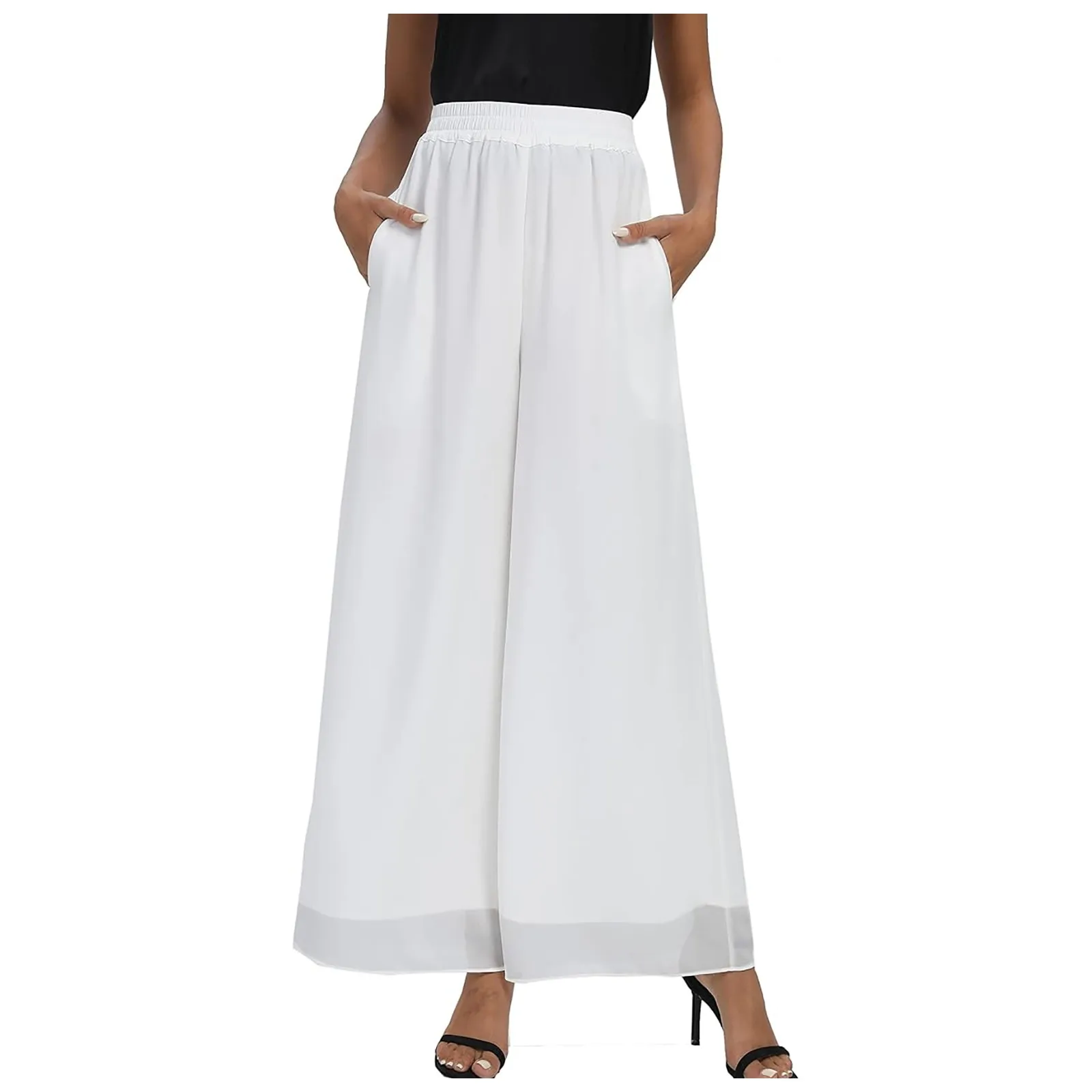 Chiffon High Elastic Waist Casual Wide Leg Palazzo Pants Flowy Business Lightweight Trousers Loose Fit Comfy Pants Women