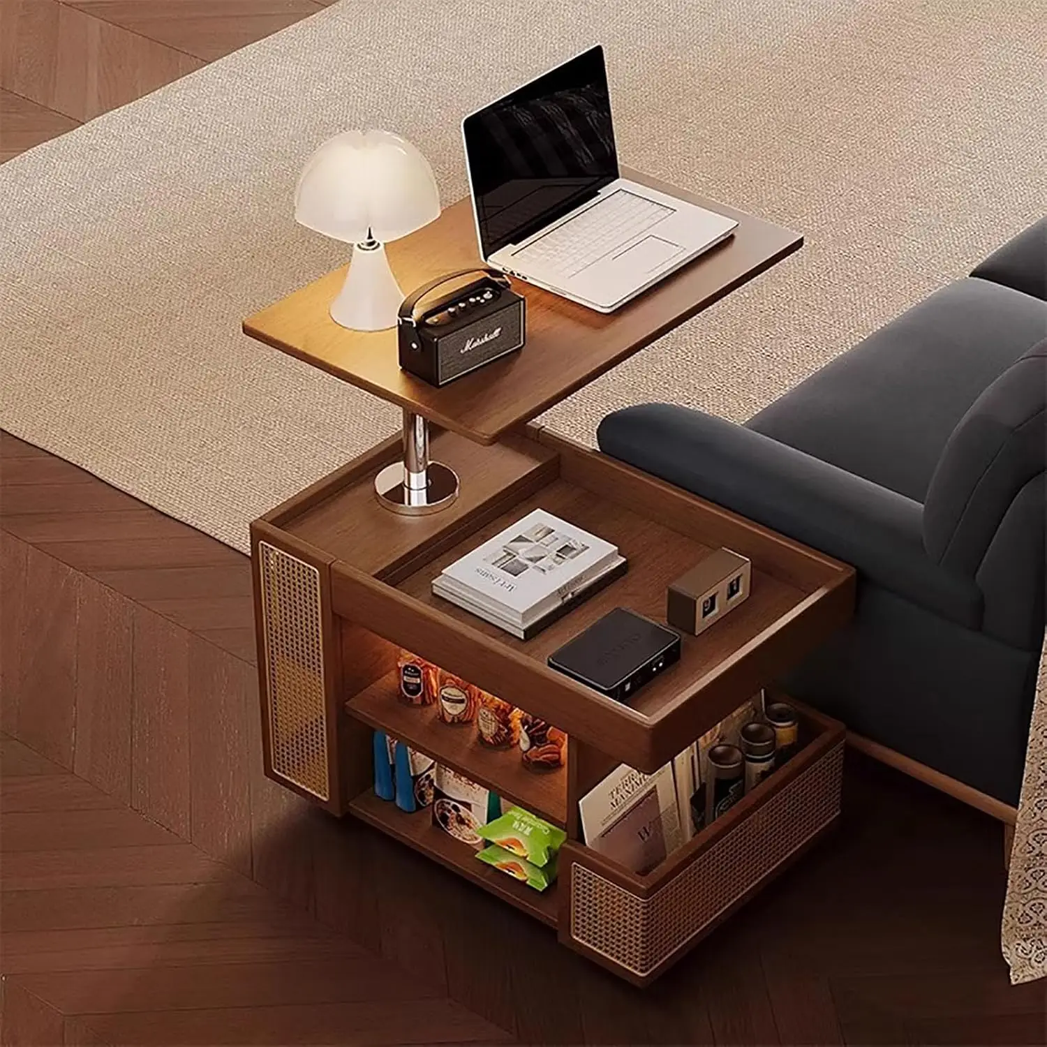 طاولة قهوة خشبية متنقلة، طاولة جانبية قابلة للرفع، عربة تروللي صغيرة للطاولة التي تنزلق أسفل غرفة المعيشة (27 × 17 × 21 بوصة)