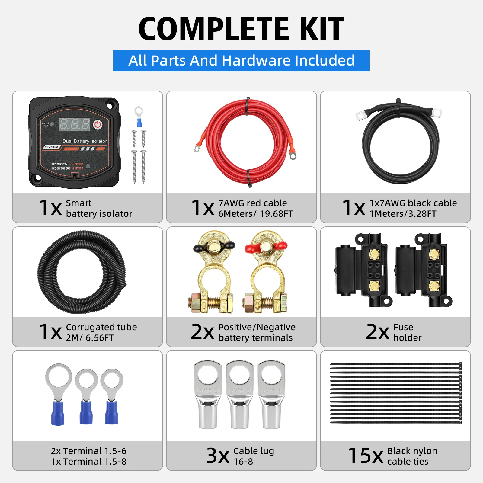 Smart 12V Dual Battery 140Amp Battery Isolator Kit with 3M & 6M Cable Digital Voltmeter Sensitive Relay VSR ON-OFF for Car Boat