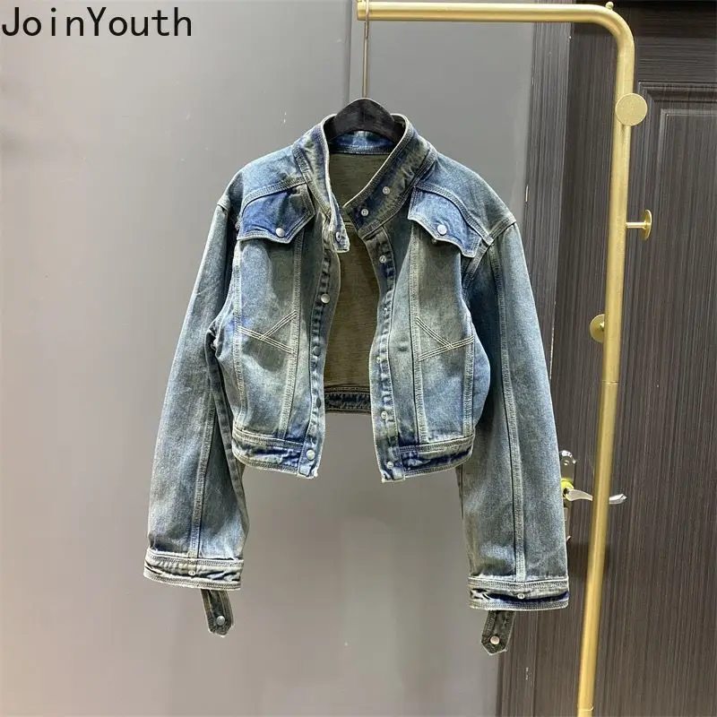 2024 Women Clothing Harajuku Vintage Denim Jackets Crop Tops Stand Neck Long Sleeve Casual Outwear Streetwear Fashion Y2k Coats