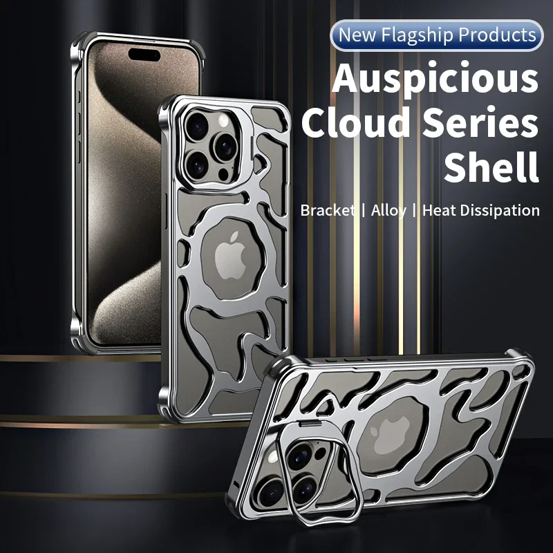 

Luxury Magnetic Lens Ring Stand Frameless Phone Case For iPhone 14 13 15 Pro Max Shockproof Hollow Heat Dissipation Metal Cover