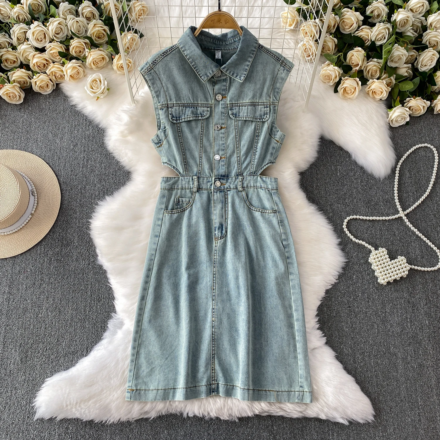 Vestido vaquero ahuecado de verano para mujer, vestidos sin mangas con solapa y una hilera de botones, vestido vaquero informal a la moda para mujer