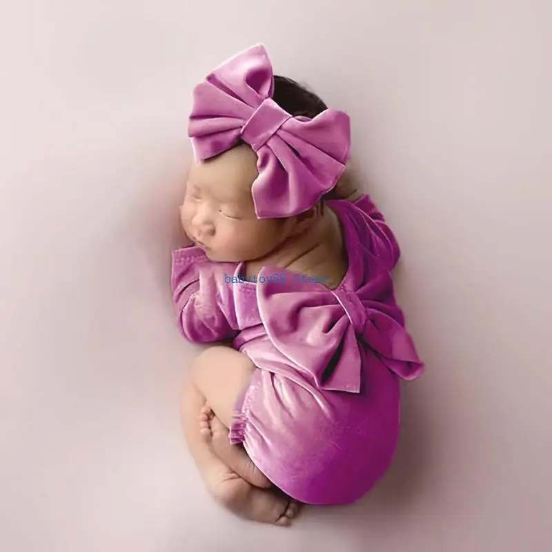 y4ud soft Newborn Holiday Fortfography Whood with Pearls Bow Infant Holiday Costume Medborns Romper Beadband for Girls #5