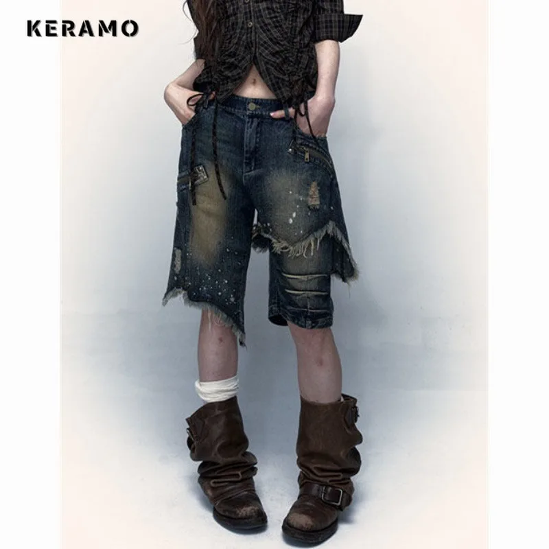 2024 Summer Y2K Harajuku High Waist Street Ripped Baggy Jean Shorts For Women Casual Loose Fit Tassels Zipper Denim Shorts