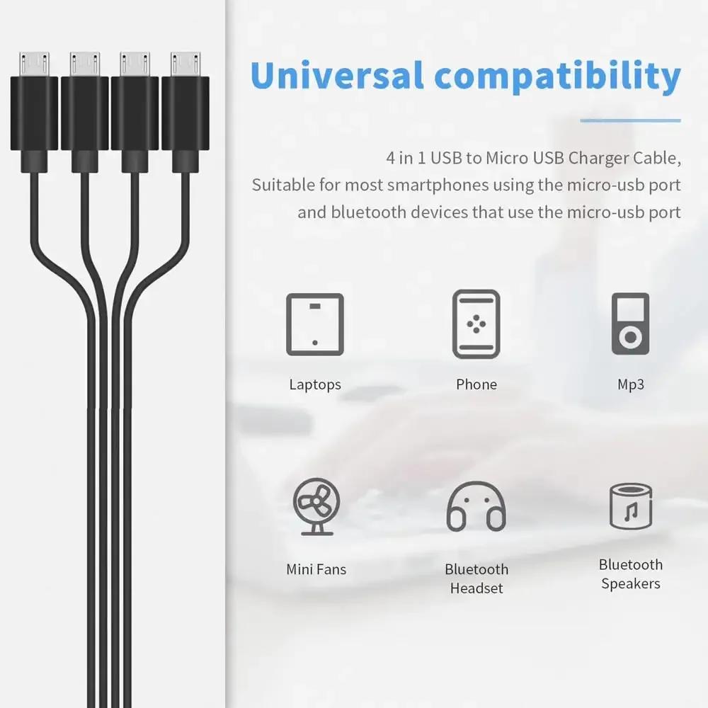 Cable micro USB de 2 a 4, cable de carga divisor multi micro USB, cable USB A/tipo C PD a micro USB de 5 V, con 4 microconectores