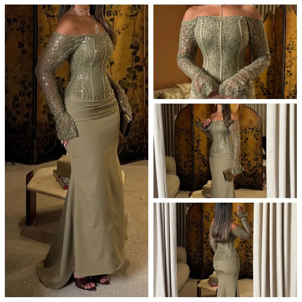 Gaun Malam Putri Duyung Kustom Model Panjang Menyentuh Lantai, Off Shoulder, Lengan Panjang, Gaun Prom, Gaun Pesta Berpayet Lipit dan Draped