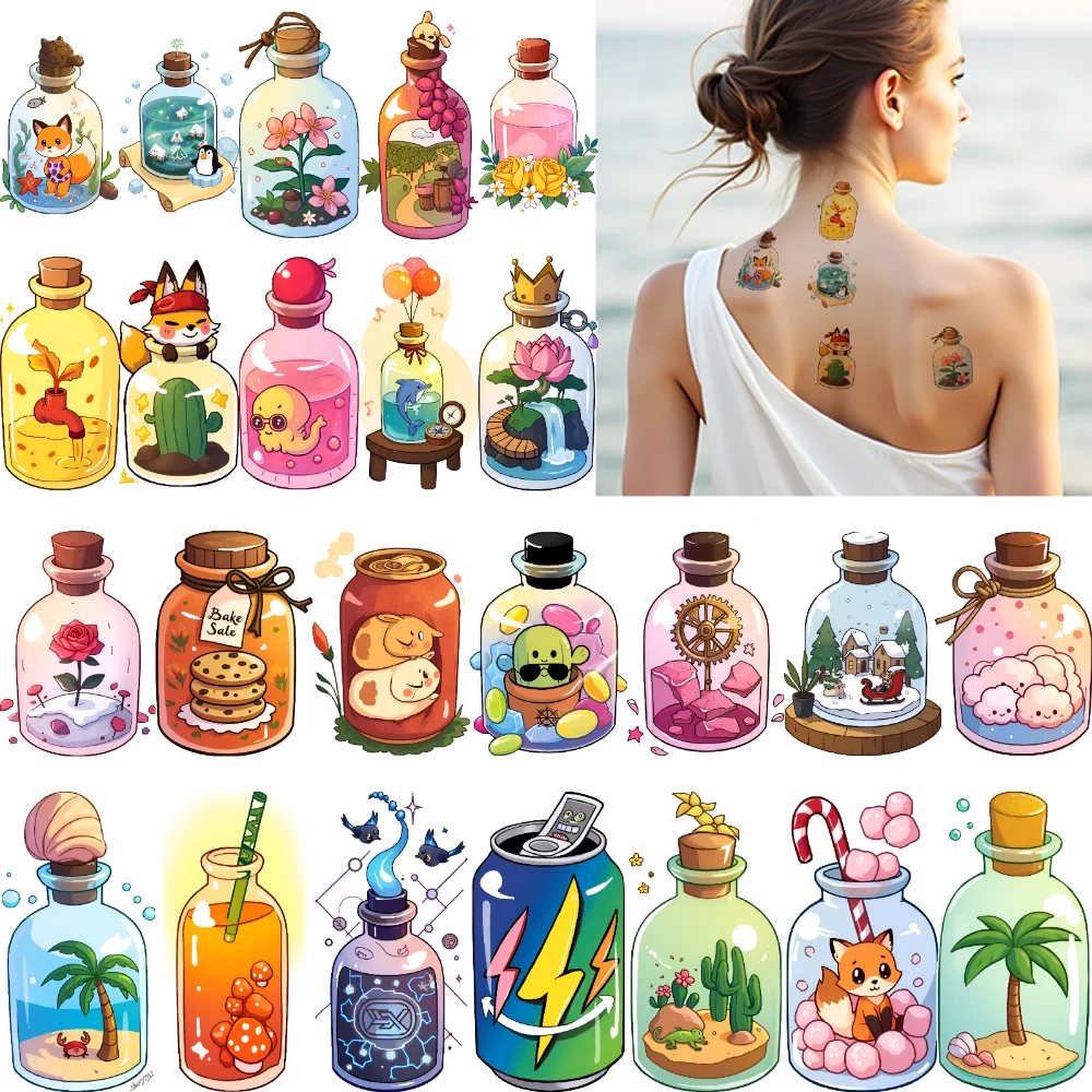 

28pcs Temporary Tattoo Bottle Design Temporary Tattoo Stickers Decorative Stickers Cartoon For Adults Shoulders Children