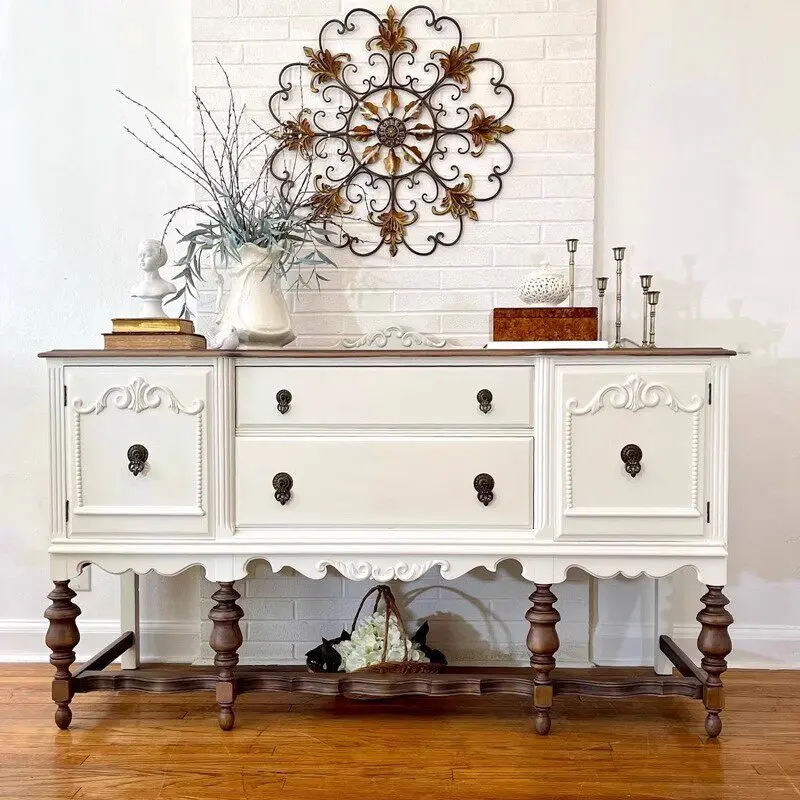 White entrance cabinet, villa living room decorative cabinet, solid wood carved color matching locker